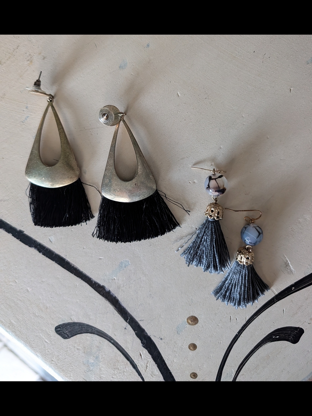 Brass/Black Fringe Drop Earrings & Grey Tassel Earrings Set